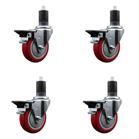 Service Caster 4'' Red Poly Swivel 1-5/8'' Expanding Stem Caster Set with Brake, 4PK SCC-EX20S414-PPUB-RED-PLB-158-4